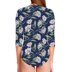 White Alstroemeria Pattern Print Long Sleeve Swimsuit