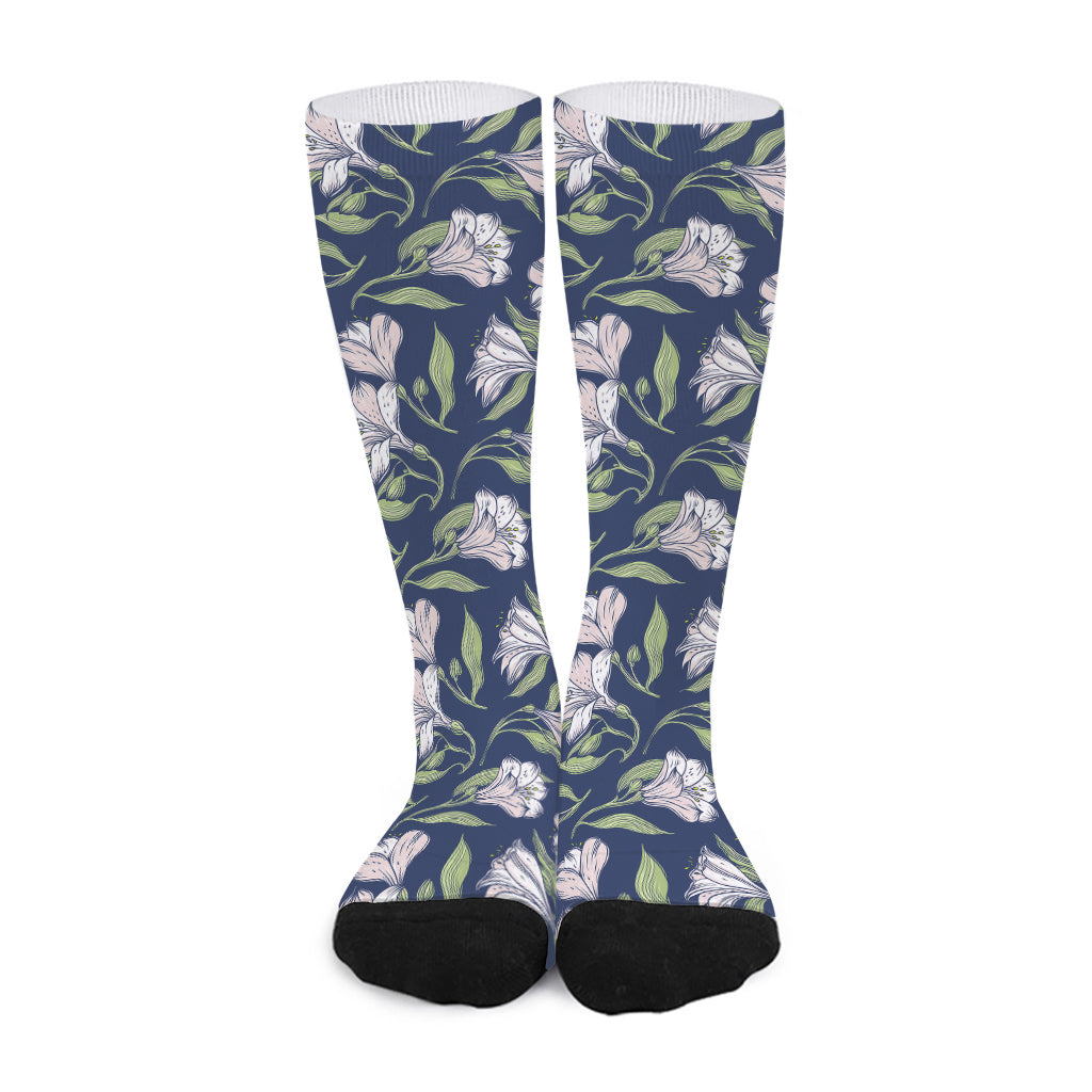 White Alstroemeria Pattern Print Long Socks