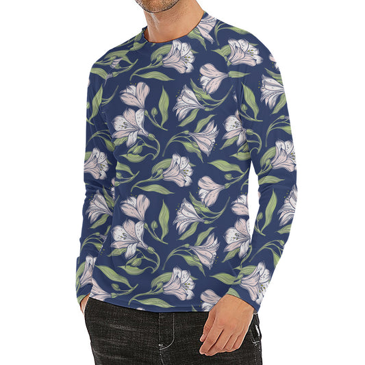 White Alstroemeria Pattern Print Men's Long Sleeve Rash Guard