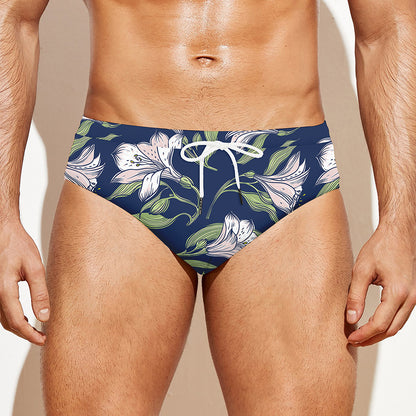 White Alstroemeria Pattern Print Men's Swim Briefs