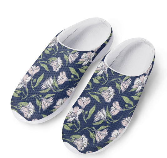 White Alstroemeria Pattern Print Mesh Casual Shoes