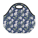 White Alstroemeria Pattern Print Neoprene Lunch Bag