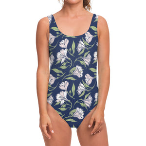 White Alstroemeria Pattern Print One Piece Swimsuit