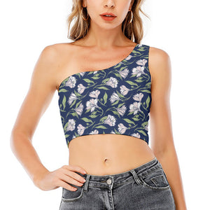 White Alstroemeria Pattern Print One Shoulder Crop Top