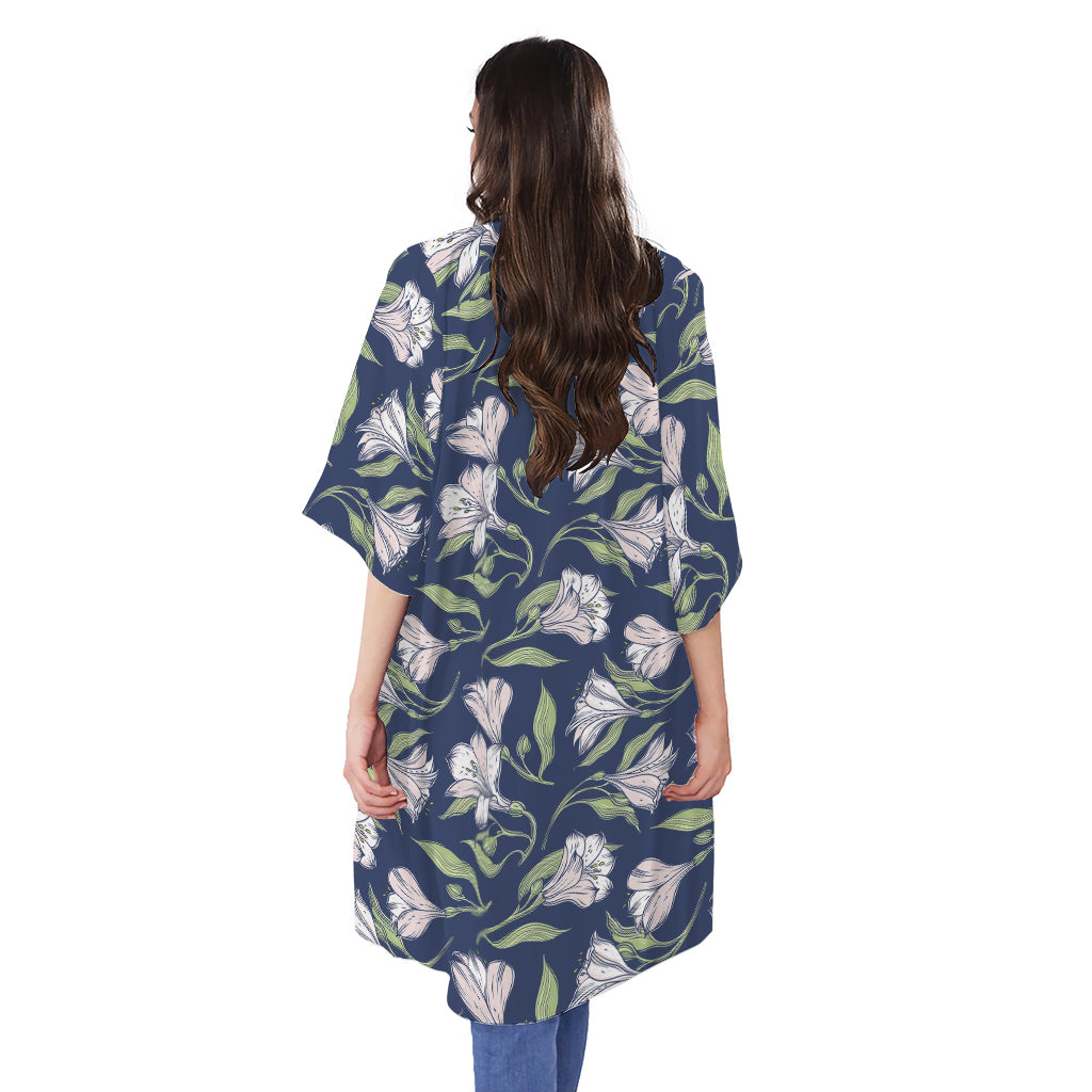 White Alstroemeria Pattern Print Open Front Beach Cover Up