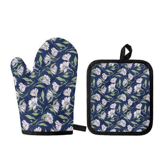 White Alstroemeria Pattern Print Oven Mitt And Pot Holder Set