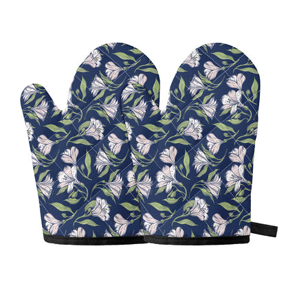 White Alstroemeria Pattern Print Oven Mitts