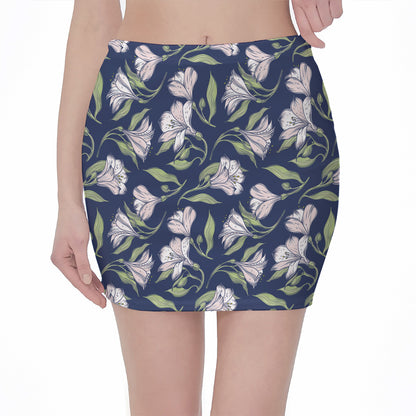 White Alstroemeria Pattern Print Pencil Mini Skirt