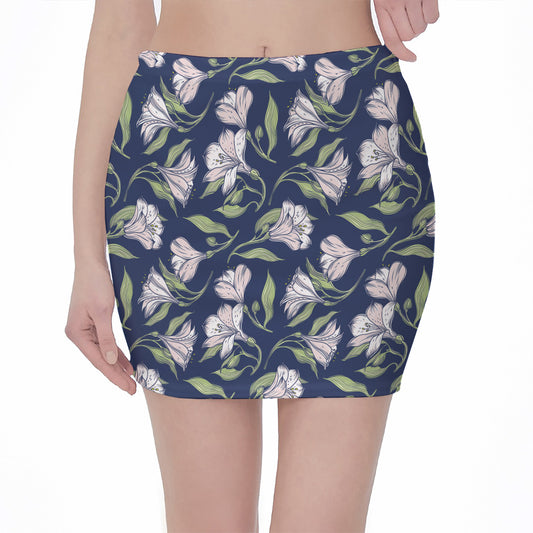 White Alstroemeria Pattern Print Pencil Mini Skirt