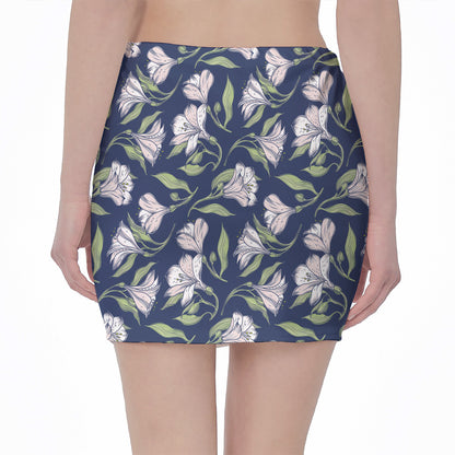 White Alstroemeria Pattern Print Pencil Mini Skirt