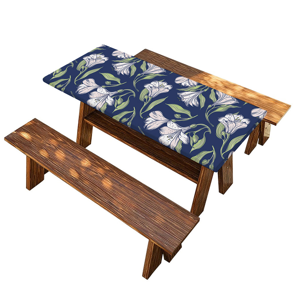 White Alstroemeria Pattern Print Picnic Table Cover