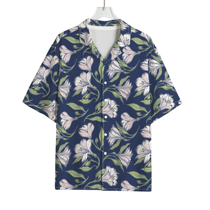 White Alstroemeria Pattern Print Rayon Hawaiian Shirt