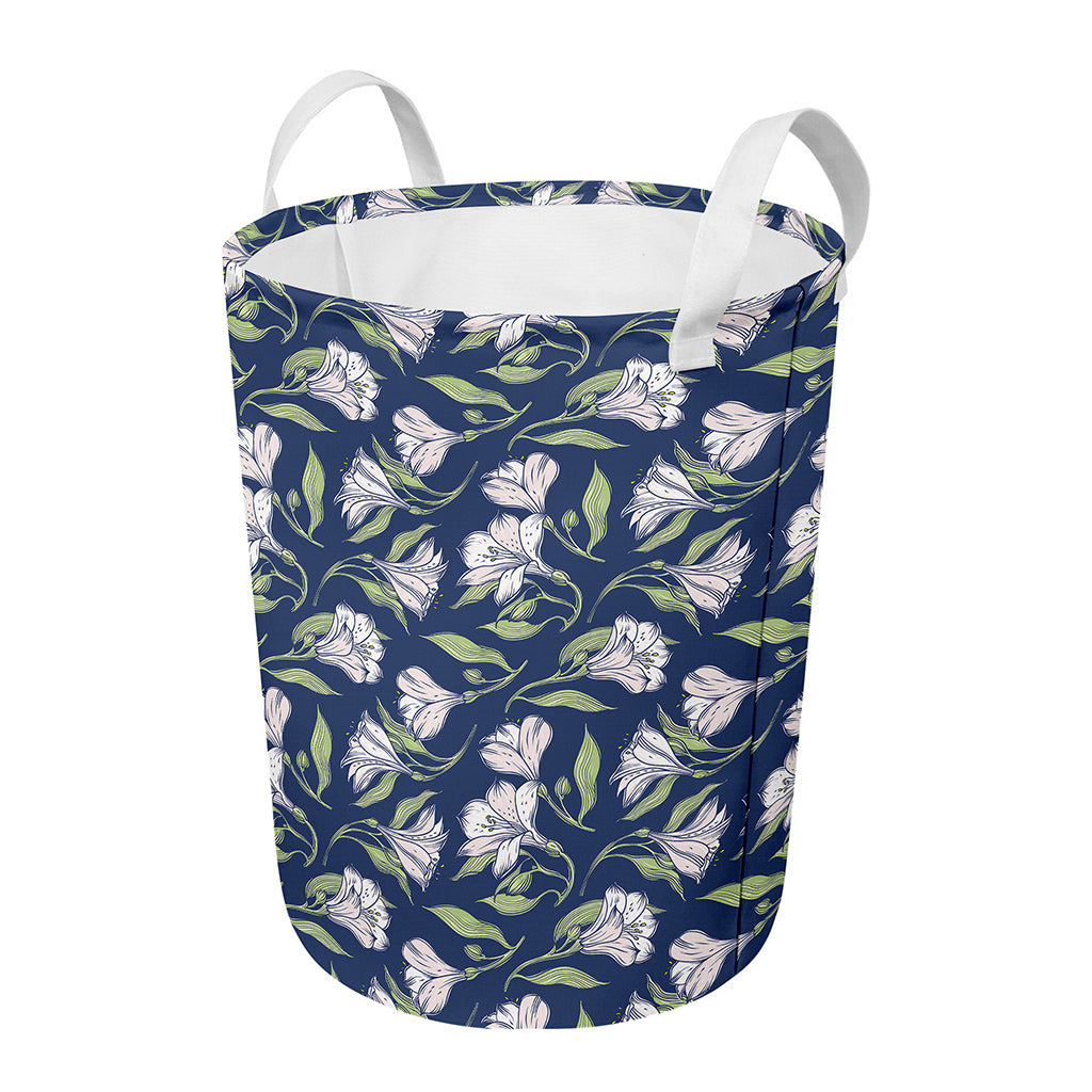 White Alstroemeria Pattern Print Round Laundry Basket