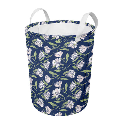 White Alstroemeria Pattern Print Round Laundry Basket