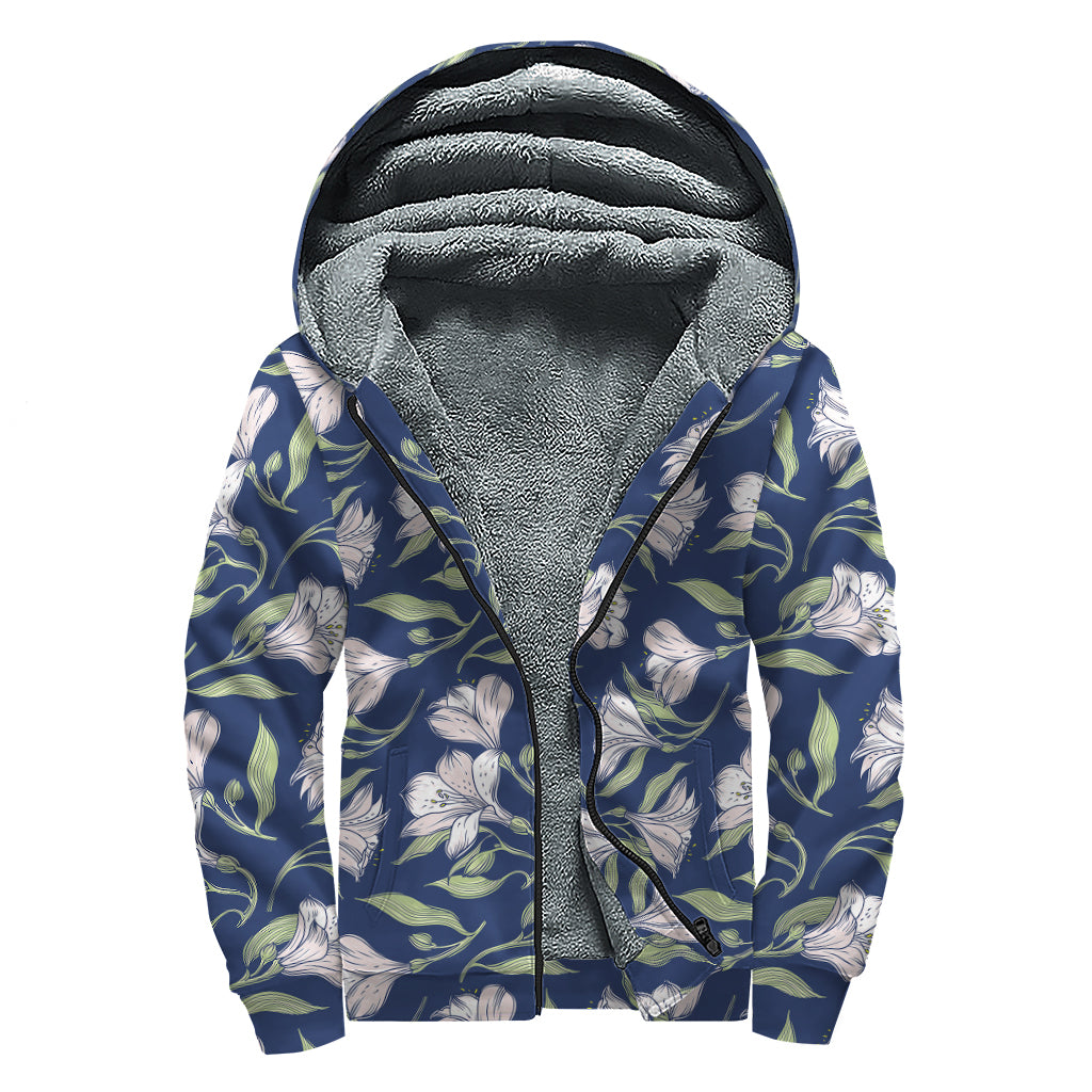 White Alstroemeria Pattern Print Sherpa Lined Zip Up Hoodie