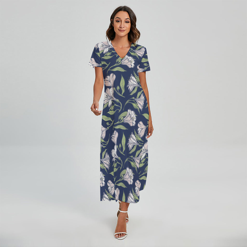 White Alstroemeria Pattern Print Short Sleeve Maxi Dress