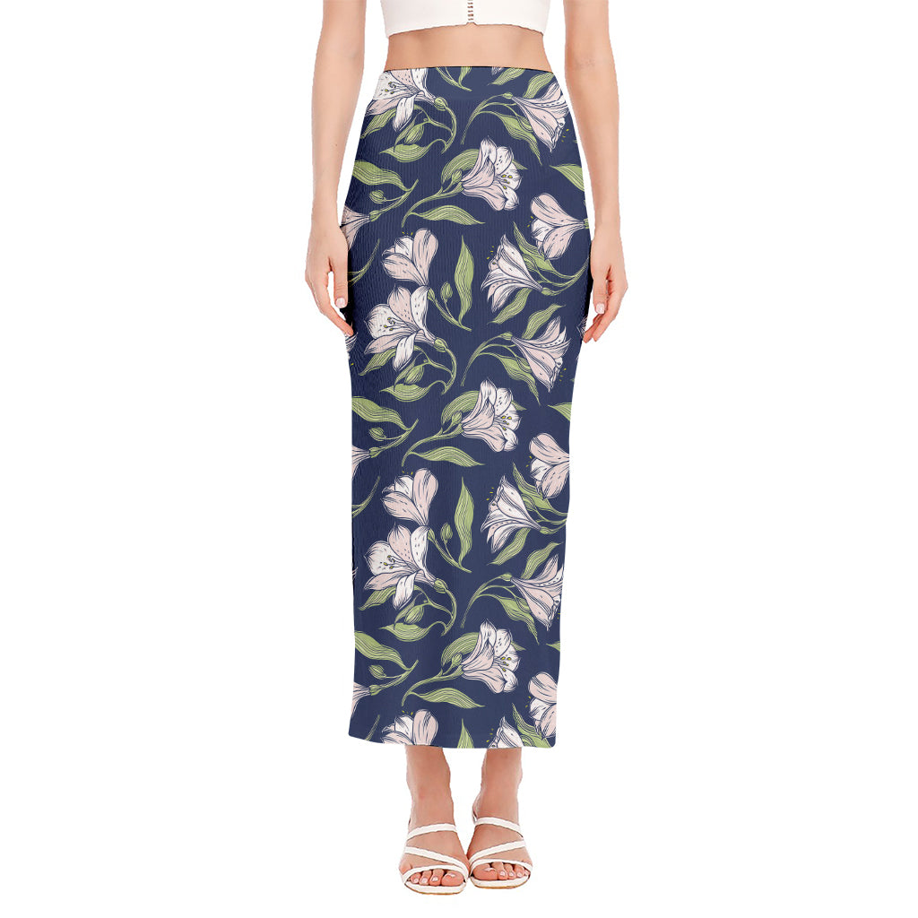 White Alstroemeria Pattern Print Side Slit Maxi Skirt