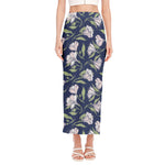 White Alstroemeria Pattern Print Side Slit Maxi Skirt