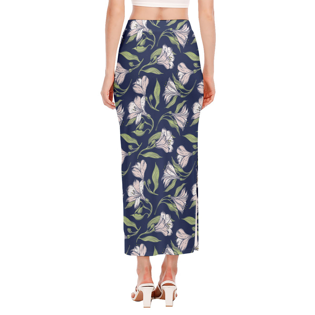 White Alstroemeria Pattern Print Side Slit Maxi Skirt