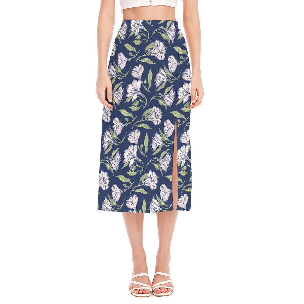 White Alstroemeria Pattern Print Side Slit Midi Skirt