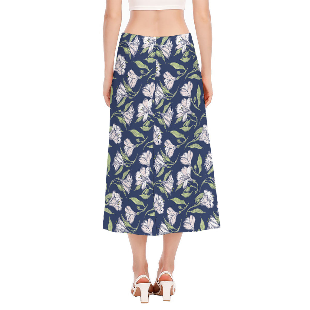 White Alstroemeria Pattern Print Side Slit Midi Skirt