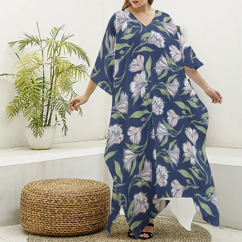 White Alstroemeria Pattern Print Silk V-Neck Kaftan Dress