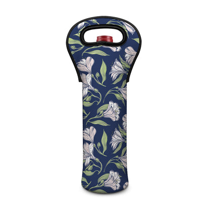 White Alstroemeria Pattern Print Single Neoprene Wine Tote
