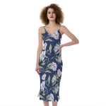 White Alstroemeria Pattern Print Slim Fit Midi Cami Dress