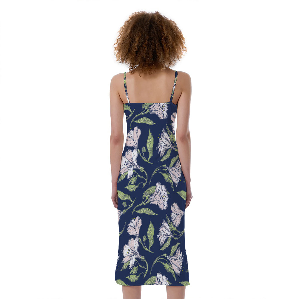 White Alstroemeria Pattern Print Slim Fit Midi Cami Dress