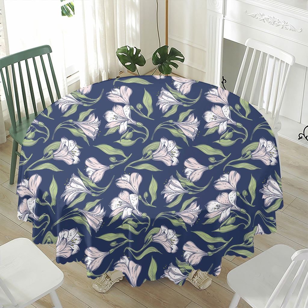 White Alstroemeria Pattern Print Waterproof Round Tablecloth