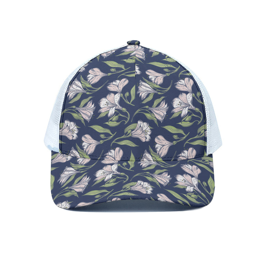 White Alstroemeria Pattern Print White Mesh Trucker Cap