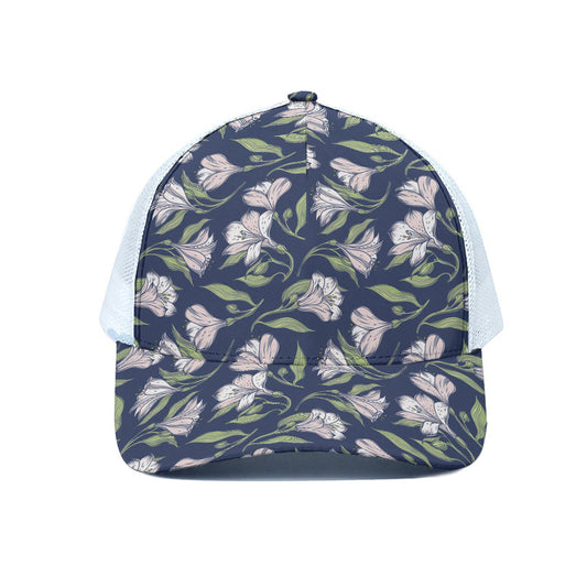 White Alstroemeria Pattern Print White Mesh Trucker Cap