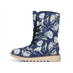 White Alstroemeria Pattern Print Winter Boots