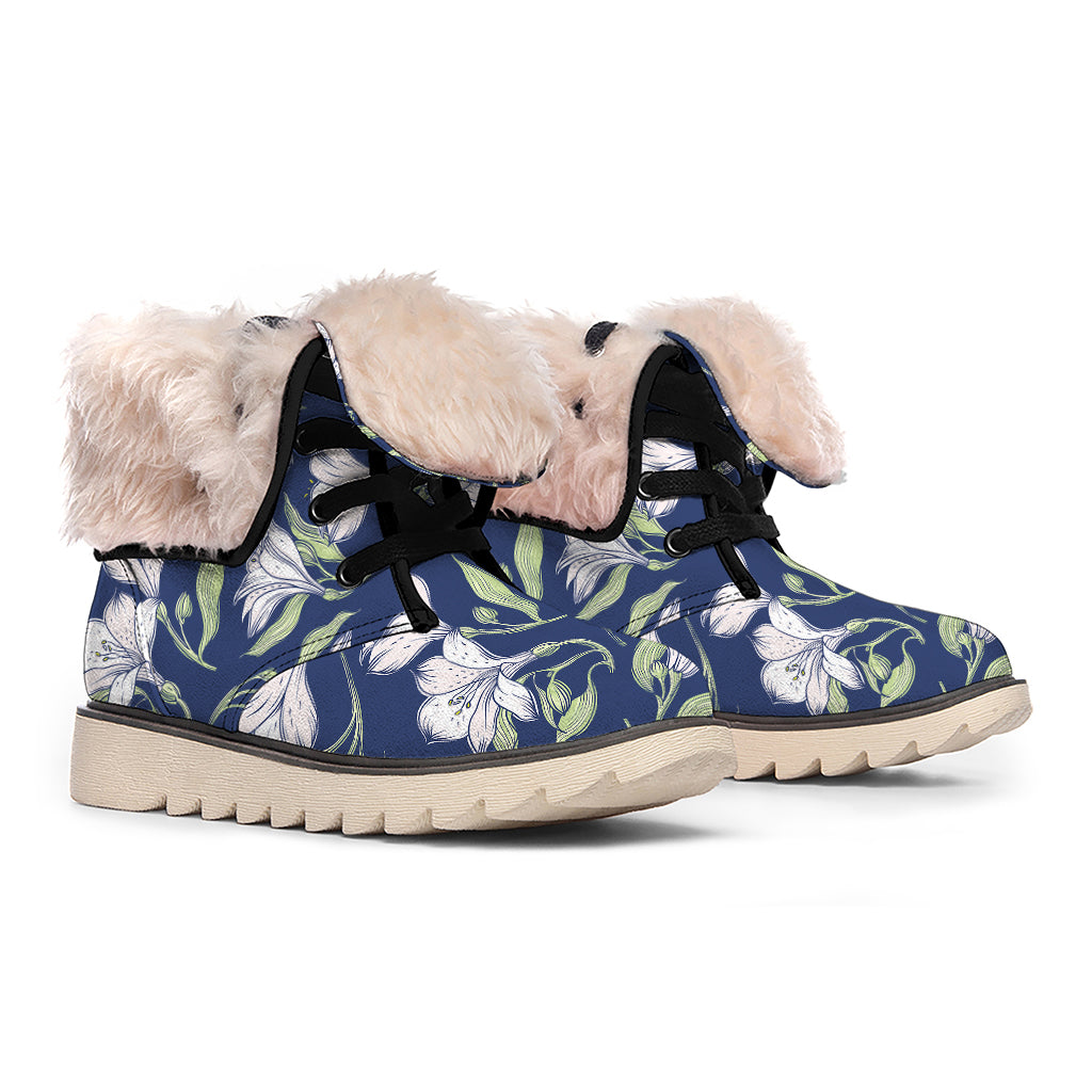 White Alstroemeria Pattern Print Winter Boots