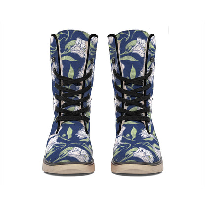 White Alstroemeria Pattern Print Winter Boots