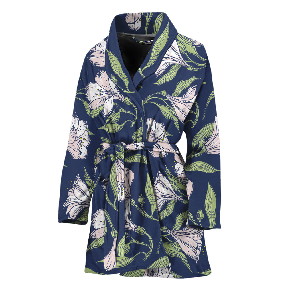 White Alstroemeria Pattern Print Women's Bathrobe