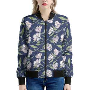 White Alstroemeria Pattern Print Women's Bomber Jacket