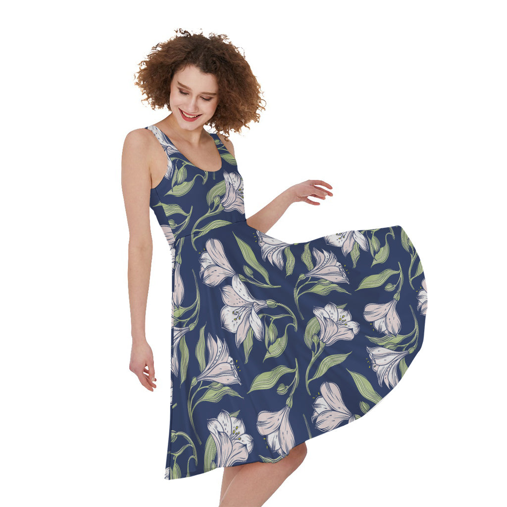 White Alstroemeria Pattern Print Women's Sleeveless Dress