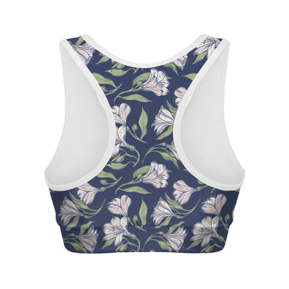 White Alstroemeria Pattern Print Women's Sports Bra