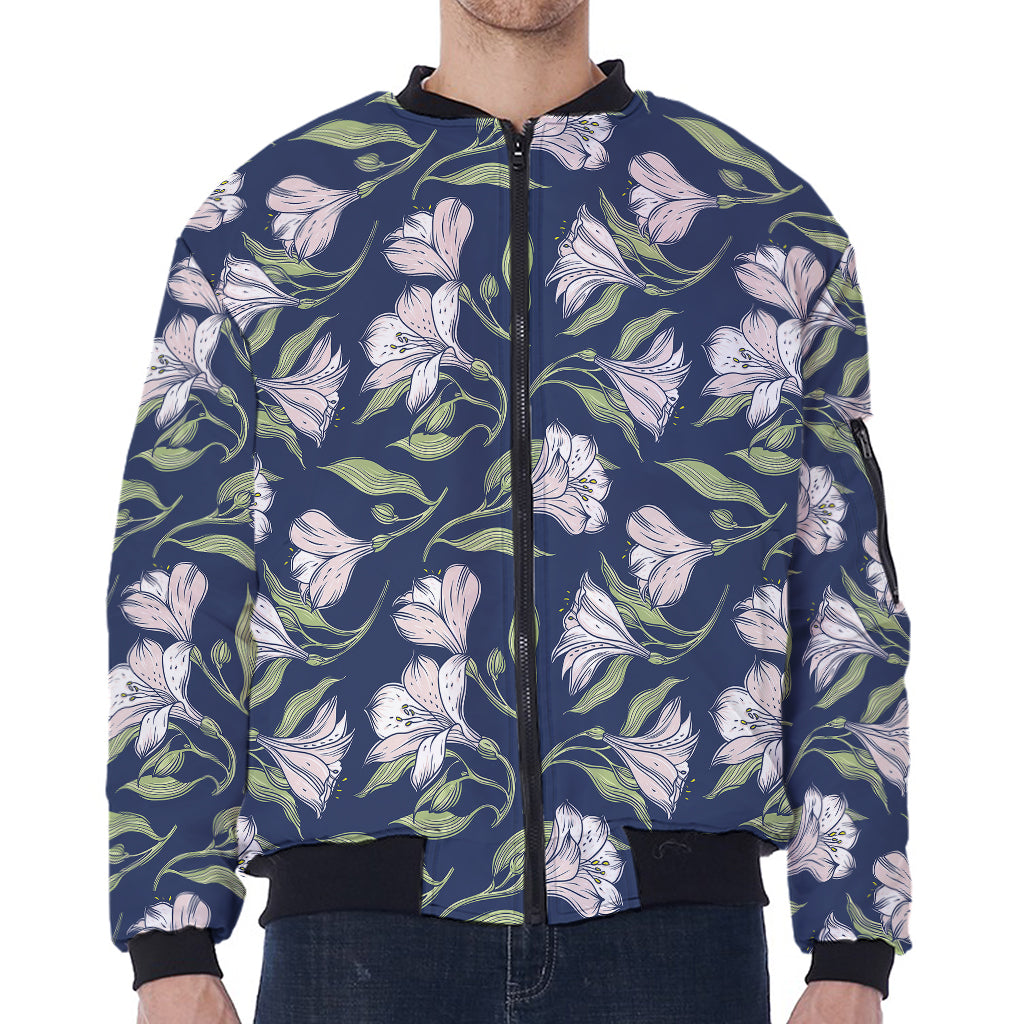 White Alstroemeria Pattern Print Zip Sleeve Bomber Jacket