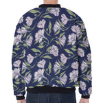 White Alstroemeria Pattern Print Zip Sleeve Bomber Jacket