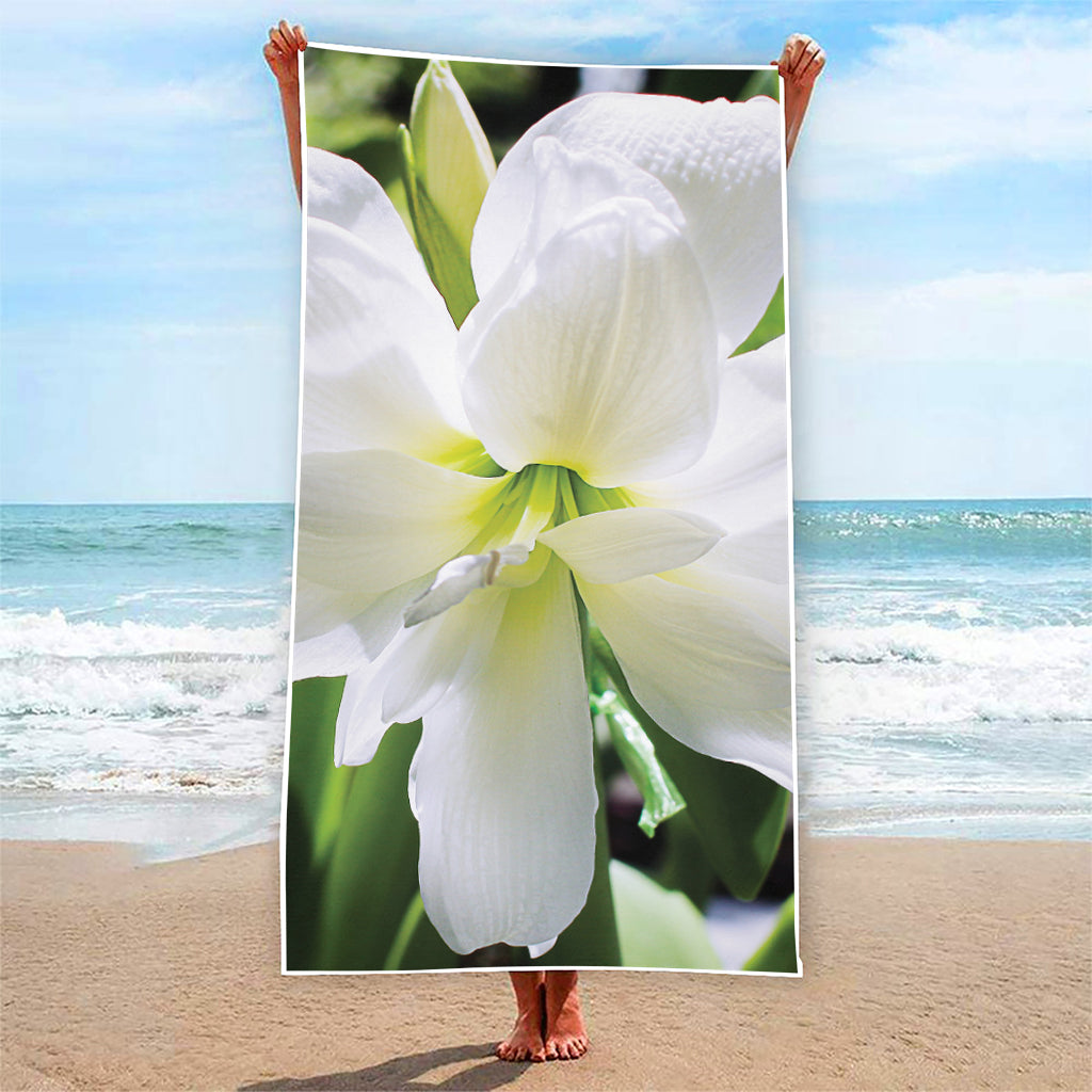 White Amaryllis Print Beach Towel