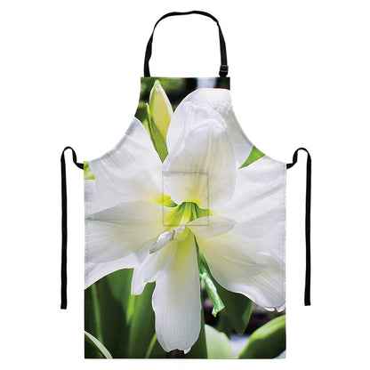 White Amaryllis Print Bib Apron With Pocket