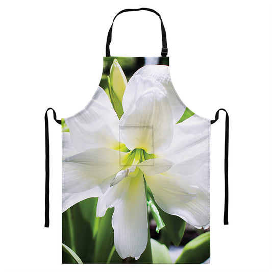 White Amaryllis Print Bib Apron With Pocket