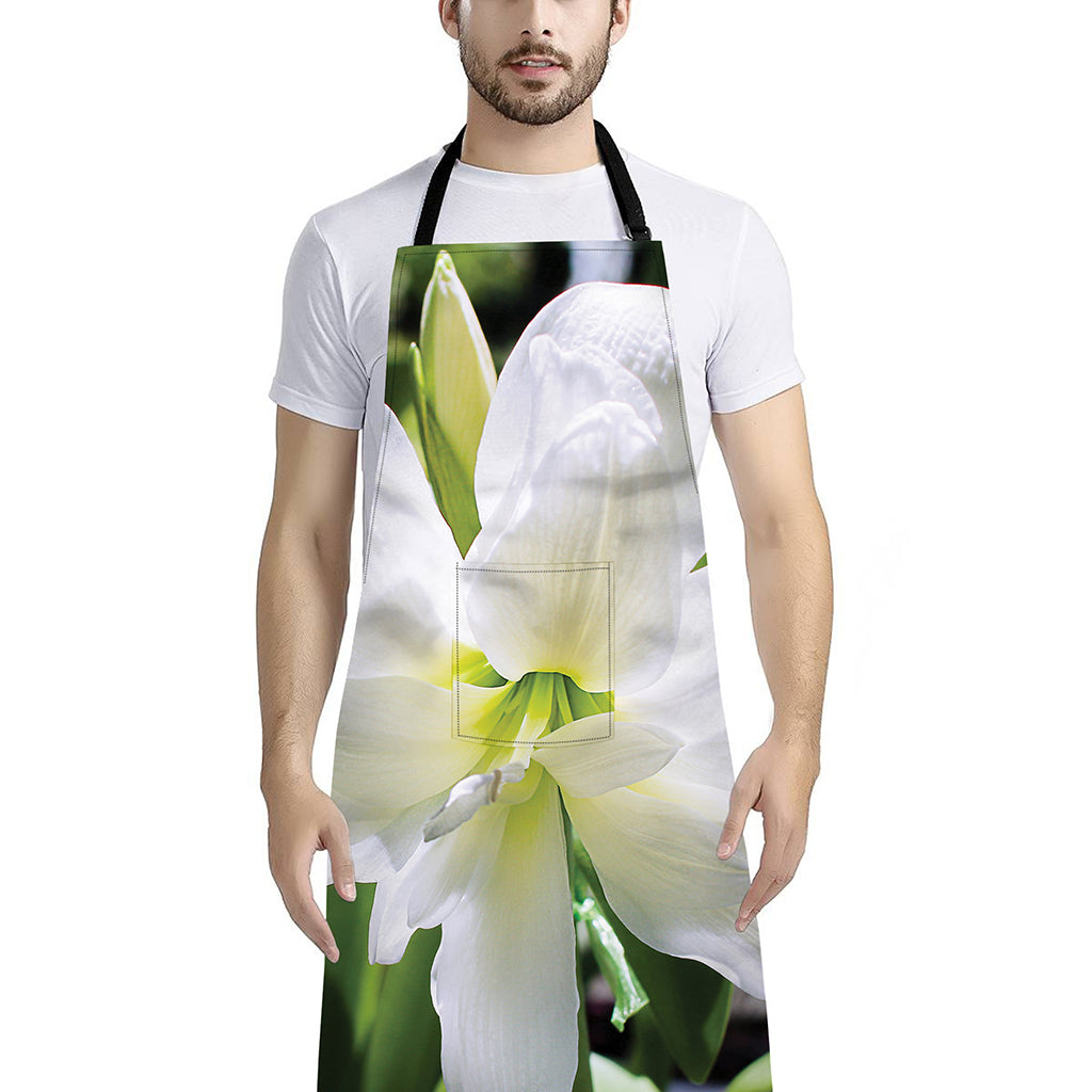 White Amaryllis Print Bib Apron With Pocket