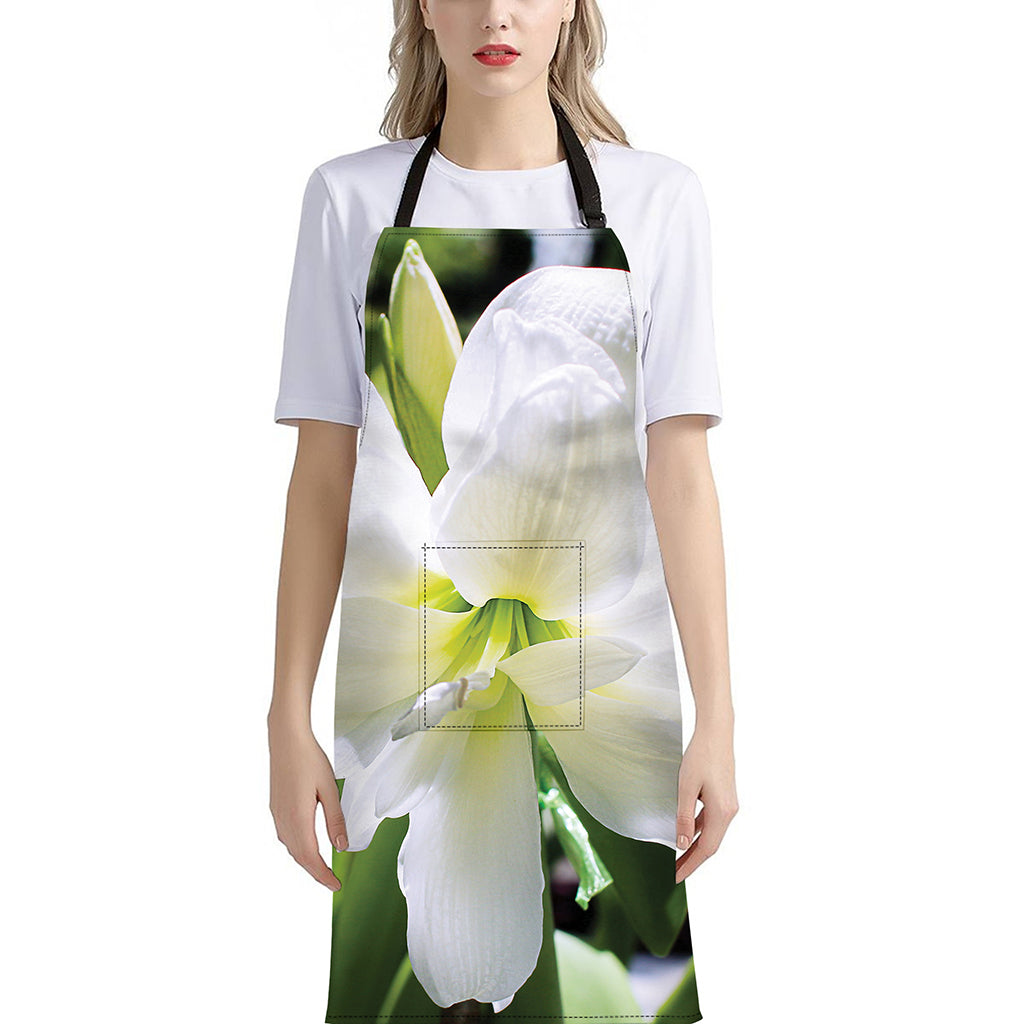 White Amaryllis Print Bib Apron With Pocket
