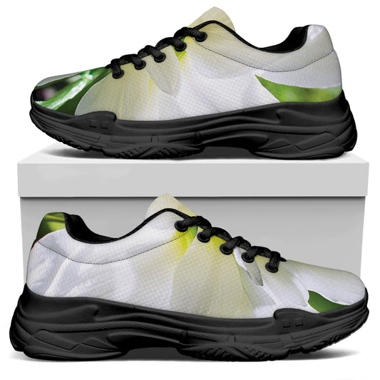 White Amaryllis Print Black Chunky Shoes