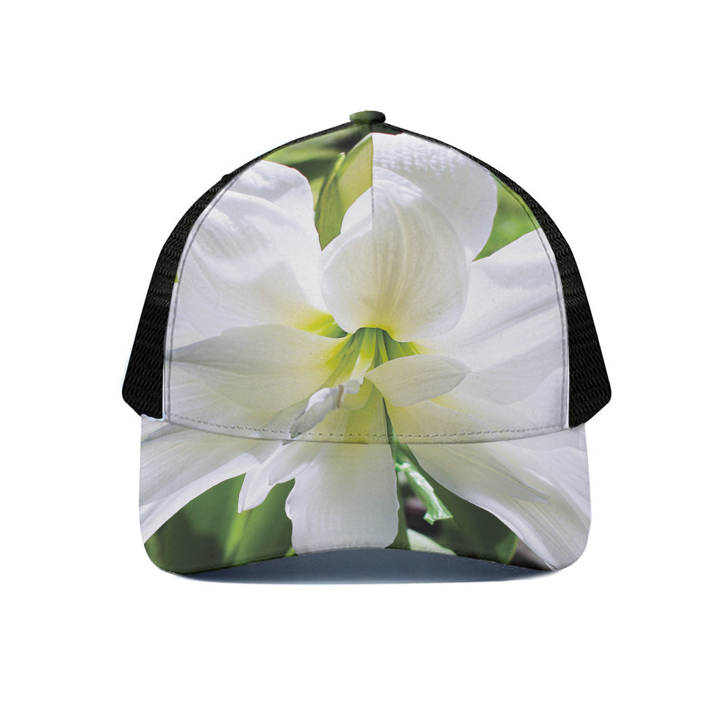 White Amaryllis Print Black Mesh Trucker Cap