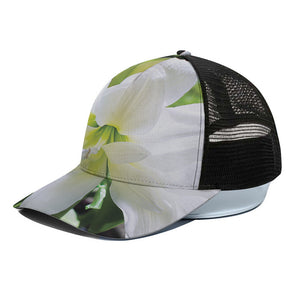 White Amaryllis Print Black Mesh Trucker Cap