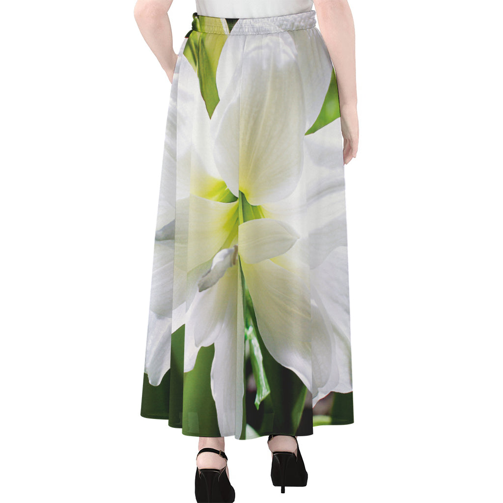 White Amaryllis Print Chiffon Maxi Skirt